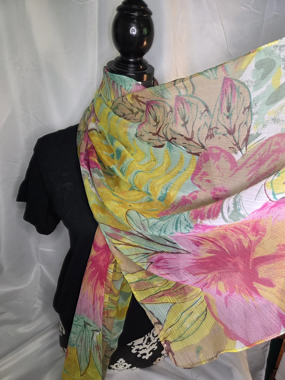 S121. Vintage Floral Multicolor Lightweight Scarf in Yellow, Pink & Green